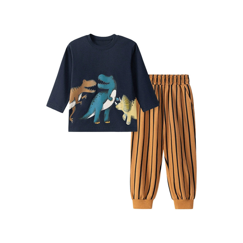 MyKids-USA® Boys Dinosaurs Cartoon Pattern Long Sleeves Crew Neck Top Sweatshirt and Striped Pants Clothing Set