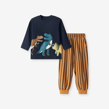 MyKids-USA® Boys Dinosaurs Cartoon Pattern Long Sleeves Crew Neck Top Sweatshirt and Striped Pants Clothing Set