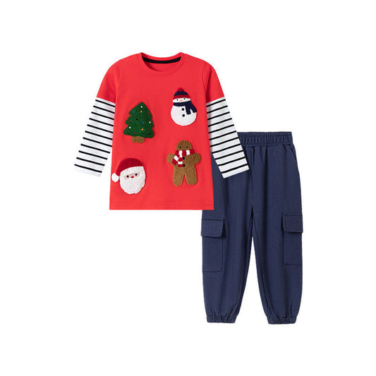 MyKids-USA® Boys Christmas Cartoon Pattern Long Sleeves Crew Neck Top Sweatshirt and Plain Pants Clothing Set