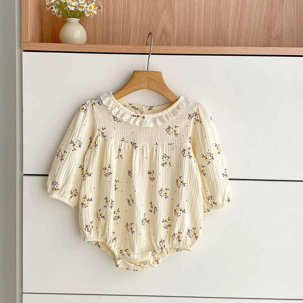 MyKids-USA® Baby Girls French Style Flowers Pattern Long-sleeved bodysuit and Dress with Collar – Princess Sister Matching Set