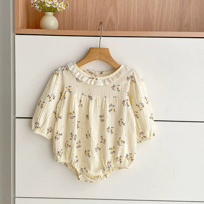 MyKids-USA® Baby Girls French Style Flowers Pattern Long-sleeved bodysuit and Dress with Collar – Princess Sister Matching Set