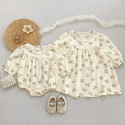 MyKids-USA® Baby Girls French Style Flowers Pattern Long-sleeved bodysuit and Dress with Collar – Princess Sister Matching Set