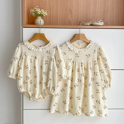MyKids-USA® Baby Girls French Style Flowers Pattern Long-sleeved bodysuit and Dress with Collar – Princess Sister Matching Set