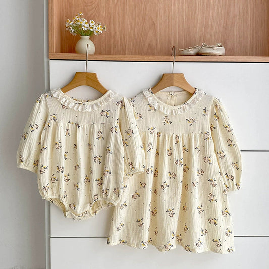 MyKids-USA® Baby Girls French Style Flowers Pattern Long-sleeved bodysuit and Dress with Collar – Princess Sister Matching Set