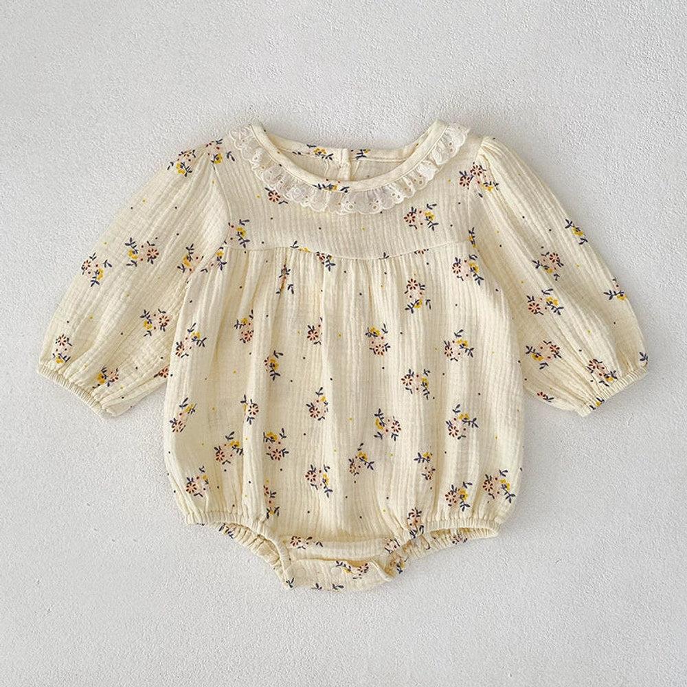 MyKids-USA® Baby Girls French Style Flowers Pattern Long-sleeved bodysuit and Dress with Collar – Princess Sister Matching Set