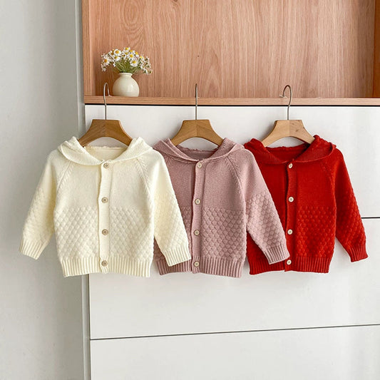 MyKids-USA® Baby Girls Comfortable Solid Color Knitted Long Sleeves Cardigan with Hood
