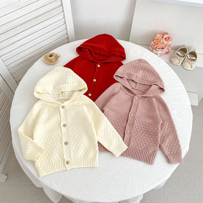 Autumn Arrival Baby Girls Comfortable Solid Color Knitted Long Sleeves Cardigan with Hood