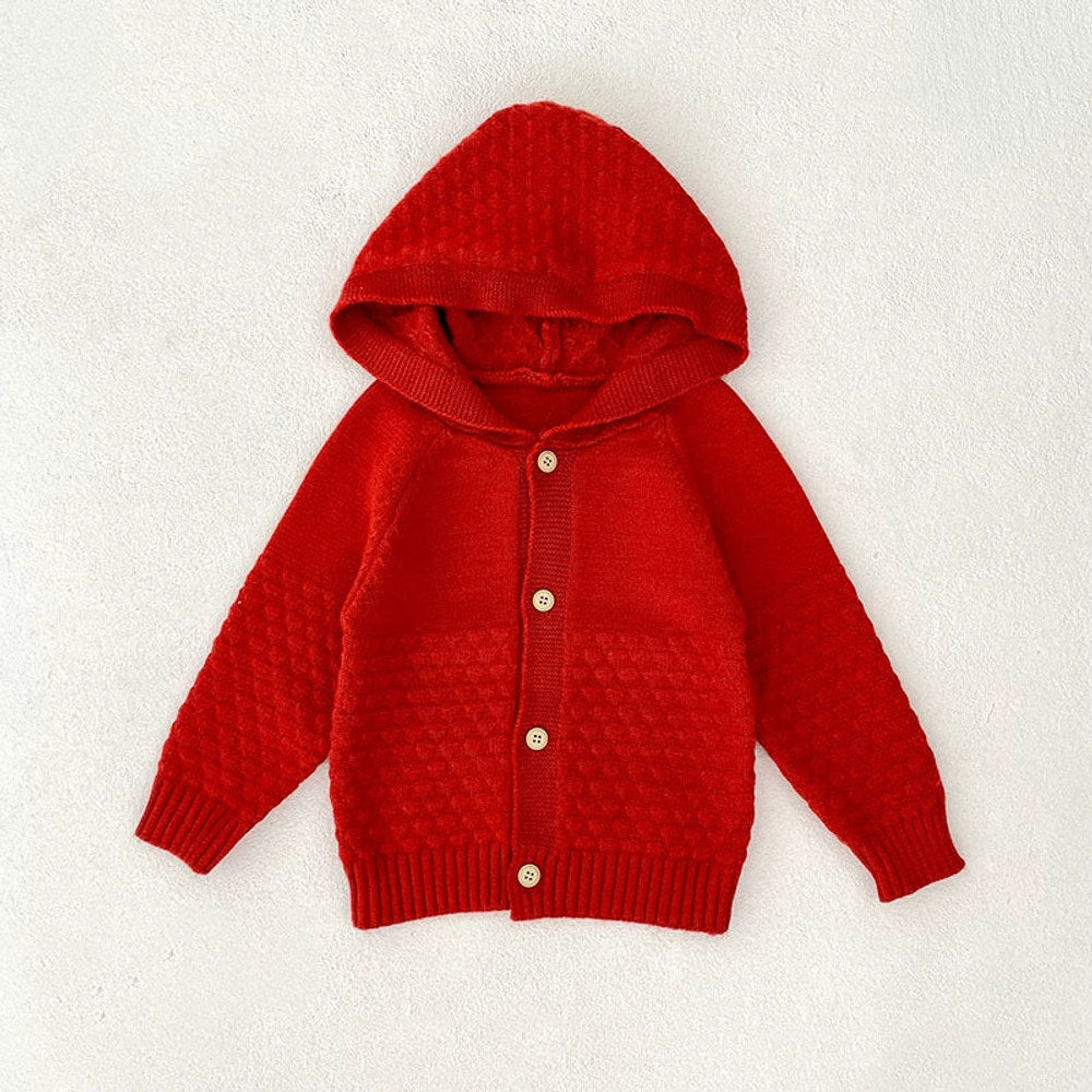 Autumn Arrival Baby Girls Comfortable Solid Color Knitted Long Sleeves Cardigan with Hood