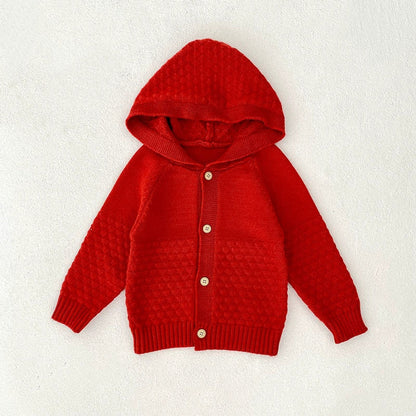 Autumn Arrival Baby Girls Comfortable Solid Color Knitted Long Sleeves Cardigan with Hood