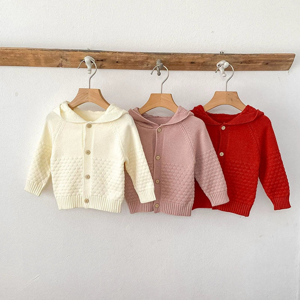 Autumn Arrival Baby Girls Comfortable Solid Color Knitted Long Sleeves Cardigan with Hood
