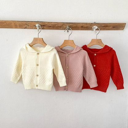 Autumn Arrival Baby Girls Comfortable Solid Color Knitted Long Sleeves Cardigan with Hood