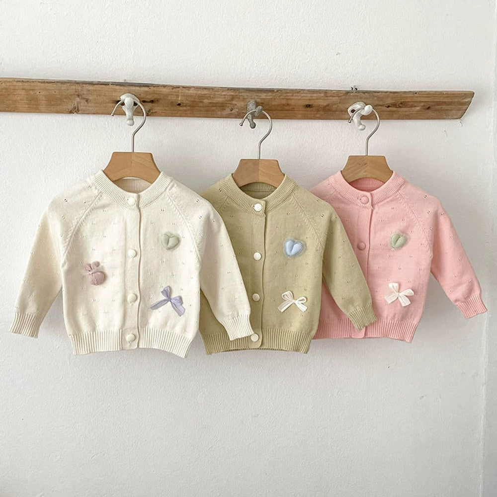Autumn Arrival Baby Girls Comfortable Butterfly-bow and Heart Pattern Knitted Long Sleeves Cardigan