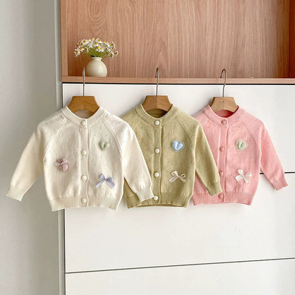 Autumn Arrival Baby Girls Comfortable Butterfly-bow and Heart Pattern Knitted Long Sleeves Cardigan