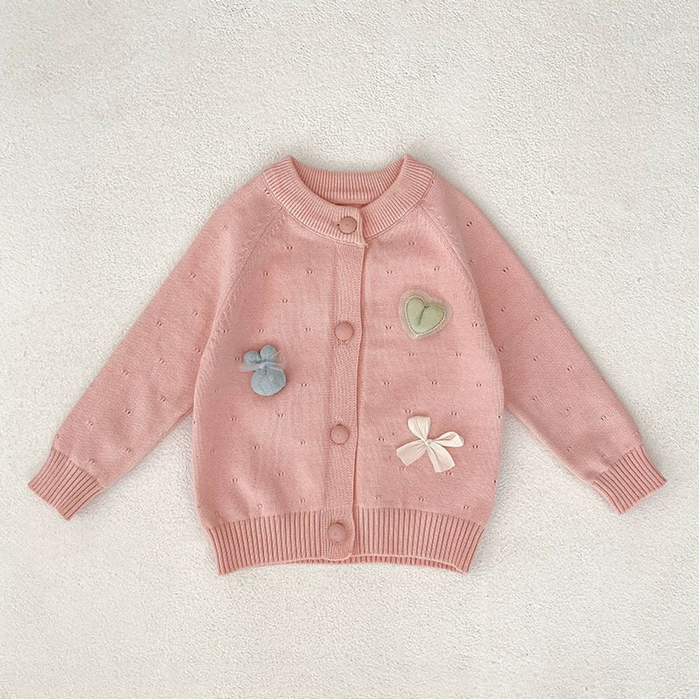 Autumn Arrival Baby Girls Comfortable Butterfly-bow and Heart Pattern Knitted Long Sleeves Cardigan