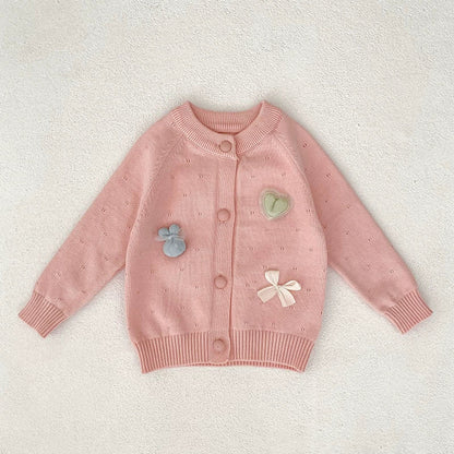 Autumn Arrival Baby Girls Comfortable Butterfly-bow and Heart Pattern Knitted Long Sleeves Cardigan