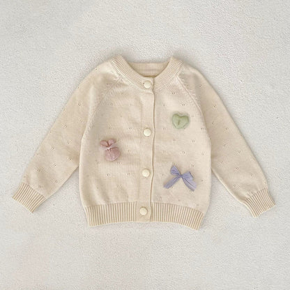 Autumn Arrival Baby Girls Comfortable Butterfly-bow and Heart Pattern Knitted Long Sleeves Cardigan