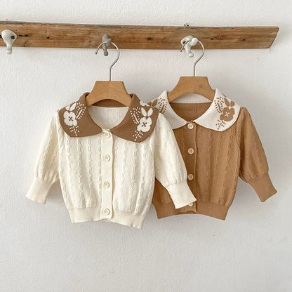 Autumn Arrival Baby Girls Comfortable Geometic Jacquard Pattern Knitted Long Sleeves Cardigan with Collar