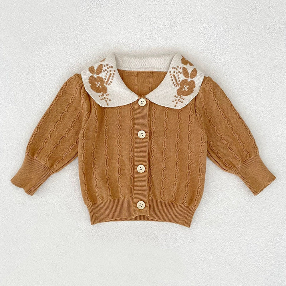 Autumn Arrival Baby Girls Comfortable Geometic Jacquard Pattern Knitted Long Sleeves Cardigan with Collar