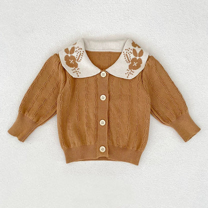 Autumn Arrival Baby Girls Comfortable Geometic Jacquard Pattern Knitted Long Sleeves Cardigan with Collar