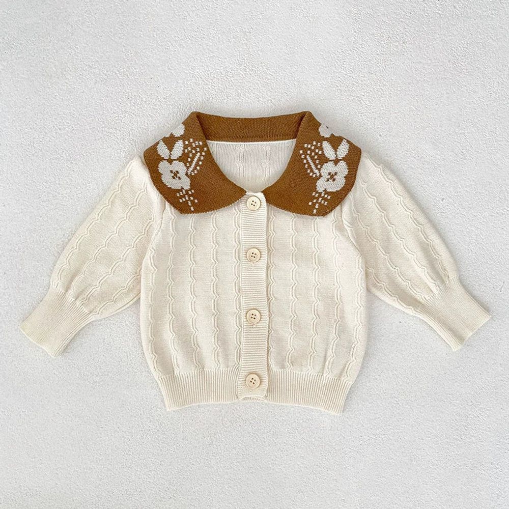 Autumn Arrival Baby Girls Comfortable Geometic Jacquard Pattern Knitted Long Sleeves Cardigan with Collar