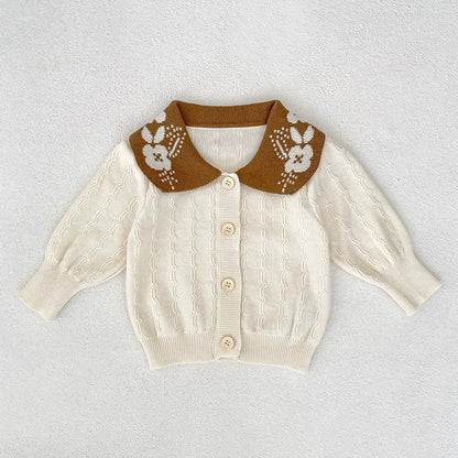 Autumn Arrival Baby Girls Comfortable Geometic Jacquard Pattern Knitted Long Sleeves Cardigan with Collar