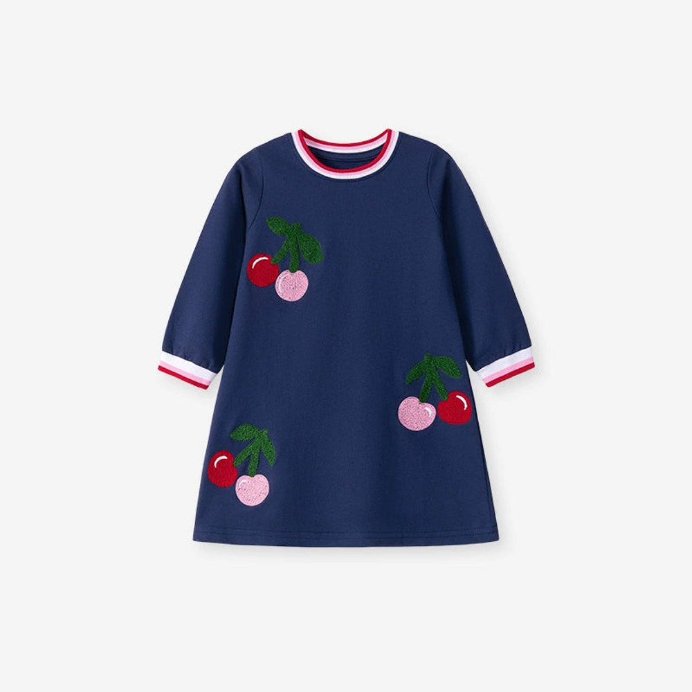 MyKids-USA® Cherry Pattern Long Sleeves Striped Crew Neck Dress for Stylish Girls