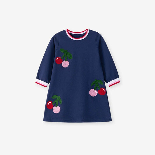 Autumn Arrival Cherry Pattern Long Sleeves Striped Crew Neck Dress for Stylish Girls