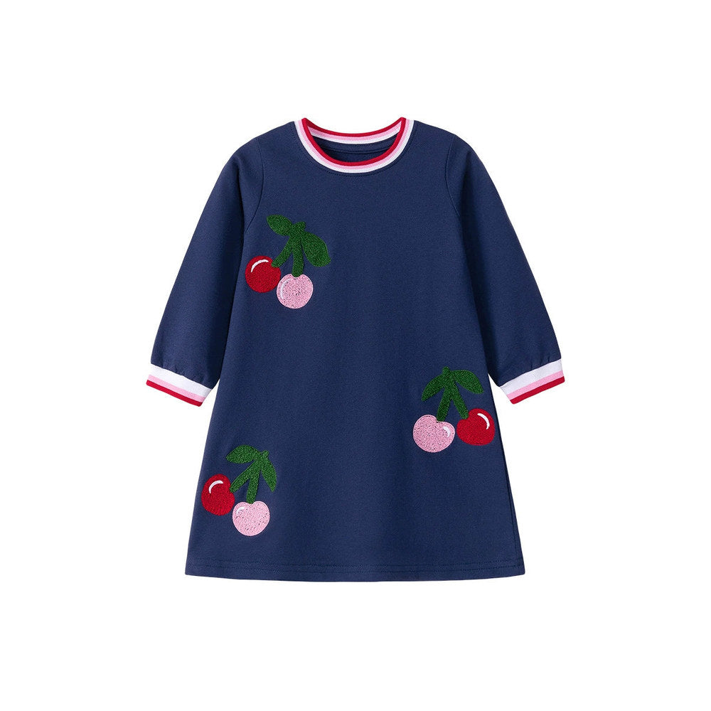 MyKids-USA® Cherry Pattern Long Sleeves Striped Crew Neck Dress for Stylish Girls