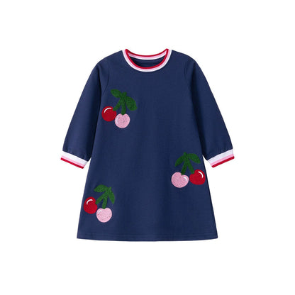 MyKids-USA® Cherry Pattern Long Sleeves Striped Crew Neck Dress for Stylish Girls