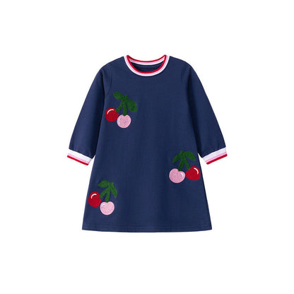 MyKids-USA® Cherry Pattern Long Sleeves Striped Crew Neck Dress for Stylish Girls