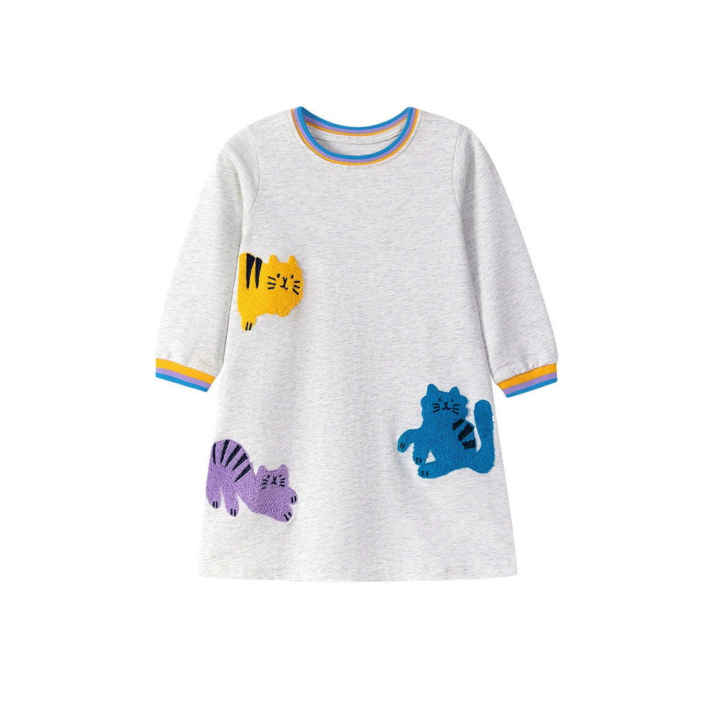 MyKids-USA® Cartoon Cats Pattern Long Sleeves Striped Crew Neck Dress for Stylish Girls