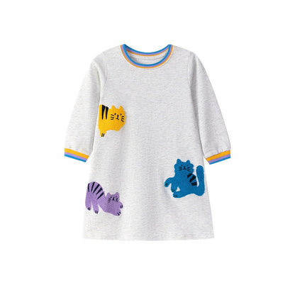 MyKids-USA® Cartoon Cats Pattern Long Sleeves Striped Crew Neck Dress for Stylish Girls