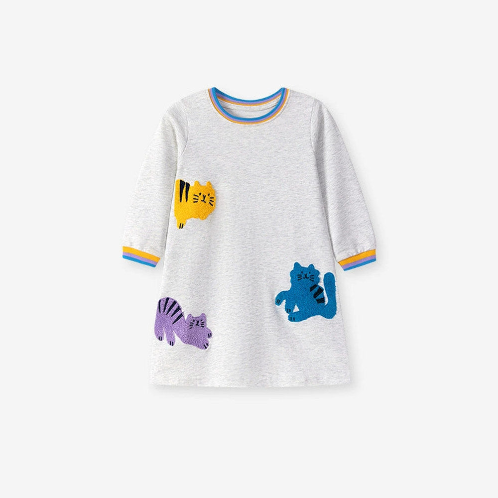 MyKids-USA® Cartoon Cats Pattern Long Sleeves Striped Crew Neck Dress for Stylish Girls