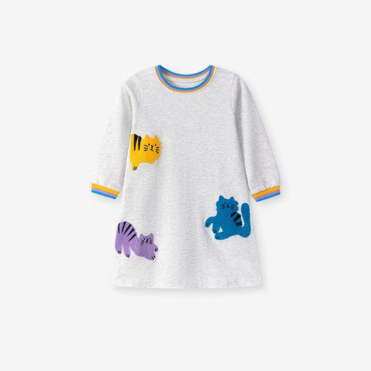 MyKids-USA® Autumn Arrival Cartoon Cats Pattern Long Sleeves Striped Crew Neck Dress for Stylish Girls