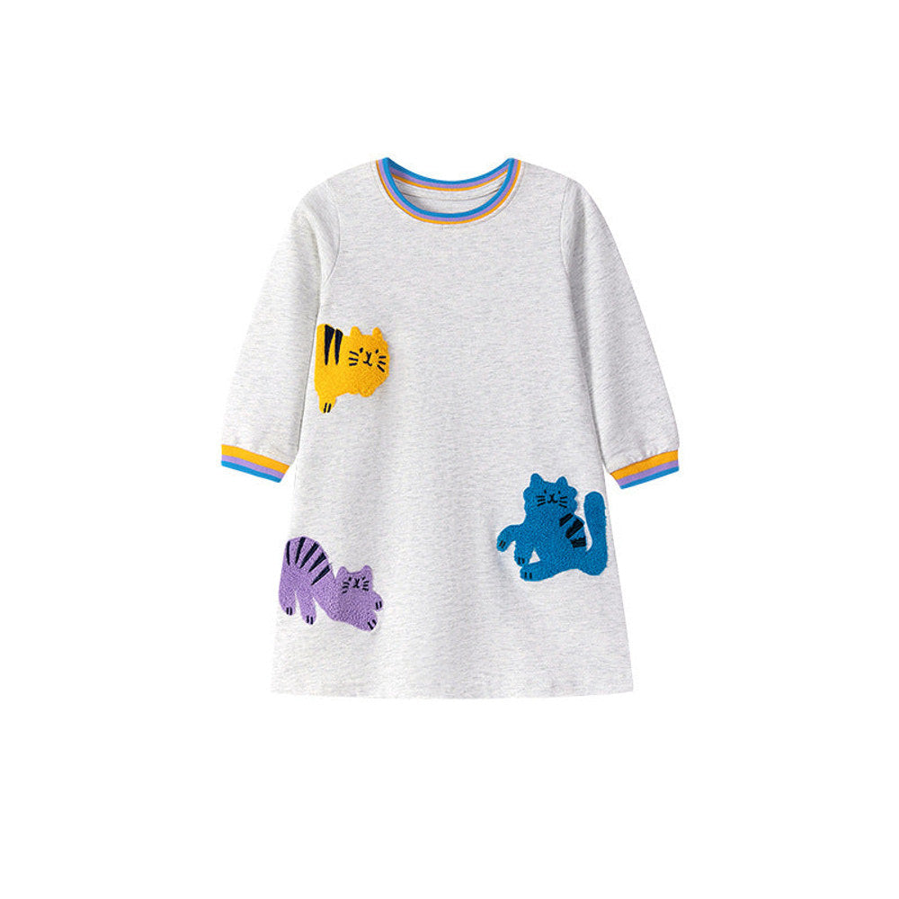 MyKids-USA® Cartoon Cats Pattern Long Sleeves Striped Crew Neck Dress for Stylish Girls