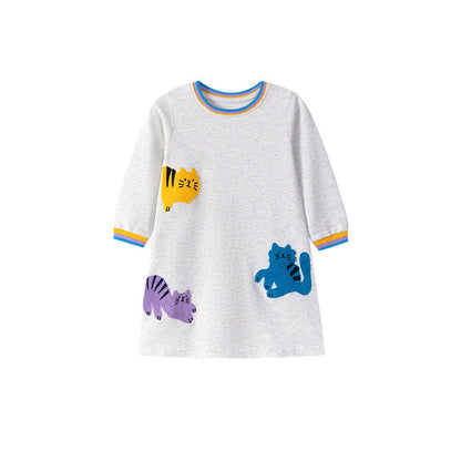 MyKids-USA® Cartoon Cats Pattern Long Sleeves Striped Crew Neck Dress for Stylish Girls