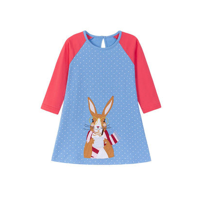MyKids-USA® Cartoon Rabbit Pattern Long Sleeves Crew Neck Color Patchwork Dress for Stylish Girls