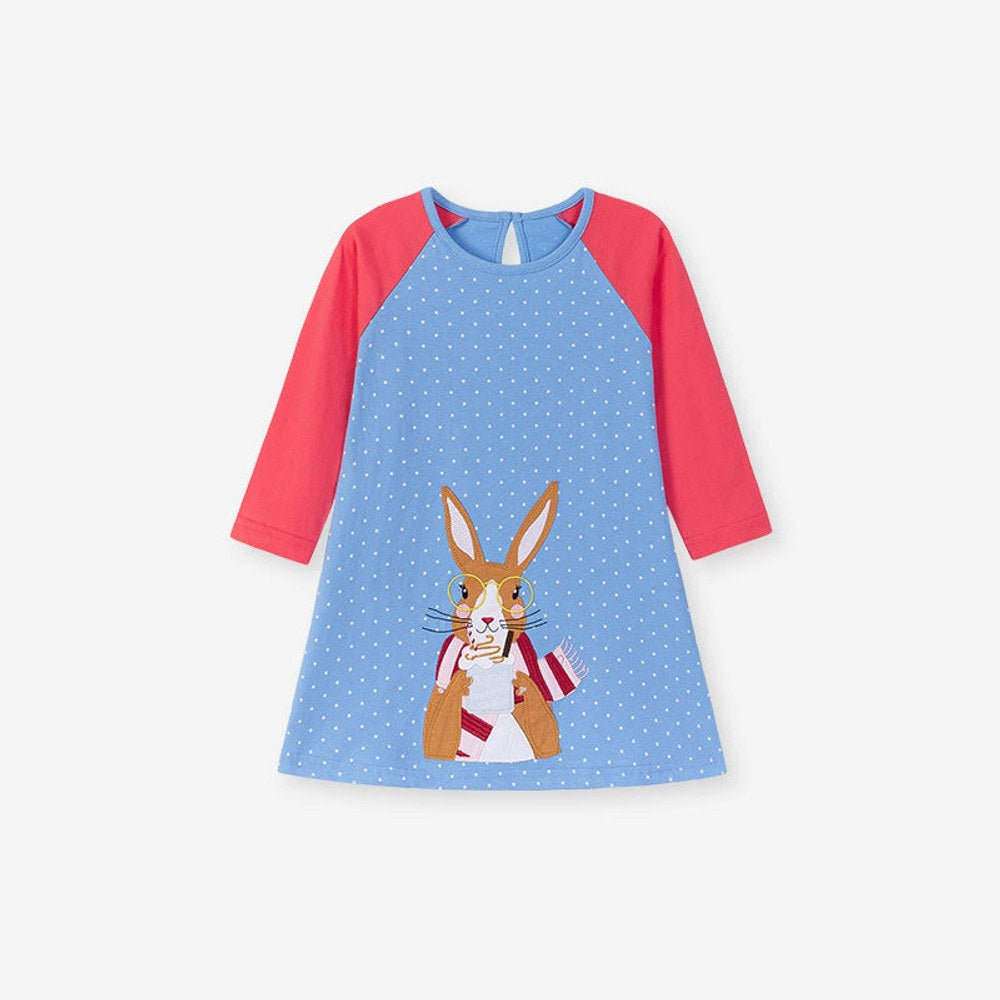MyKids-USA® Cartoon Rabbit Pattern Long Sleeves Crew Neck Color Patchwork Dress for Stylish Girls