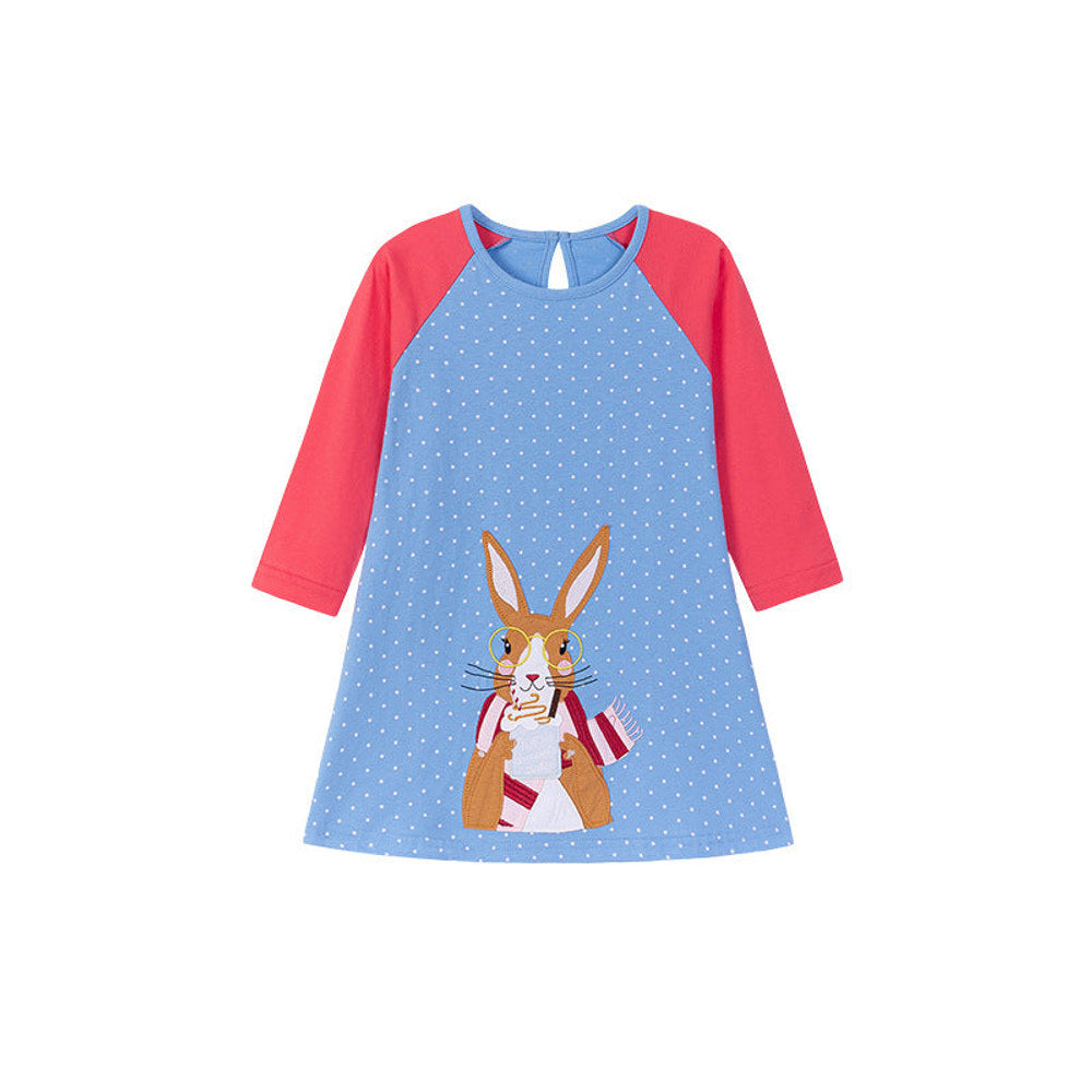 MyKids-USA® Cartoon Rabbit Pattern Long Sleeves Crew Neck Color Patchwork Dress for Stylish Girls