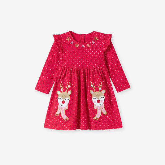 MyKids-USA® Autumn Arrival Cartoon Animals Christmas Pattern Long Sleeves Crew Neck Dress for Stylish Girls