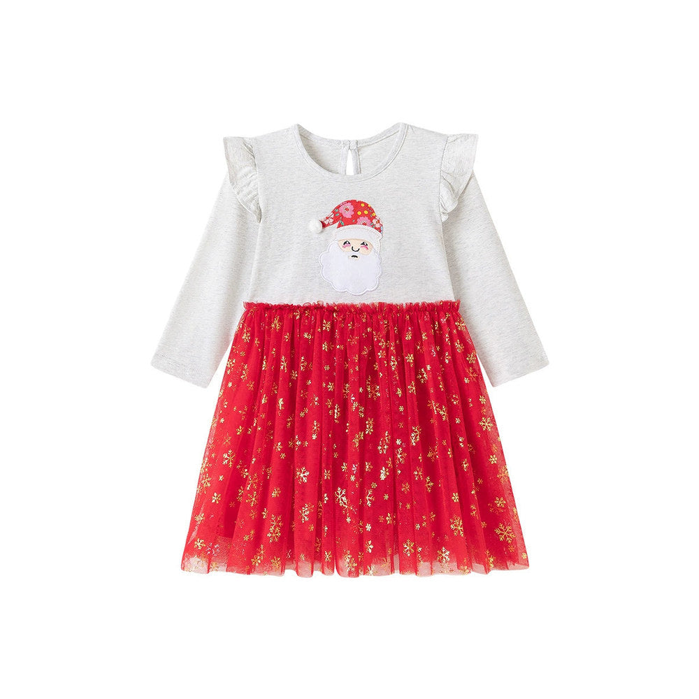 MyKids-USA® Cartoon Christmas and Snowflakes Pattern Long Sleeves Crew Neck Dress for Stylish Girls