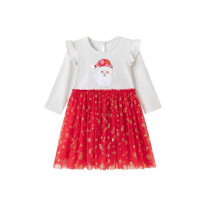 MyKids-USA® Cartoon Christmas and Snowflakes Pattern Long Sleeves Crew Neck Dress for Stylish Girls
