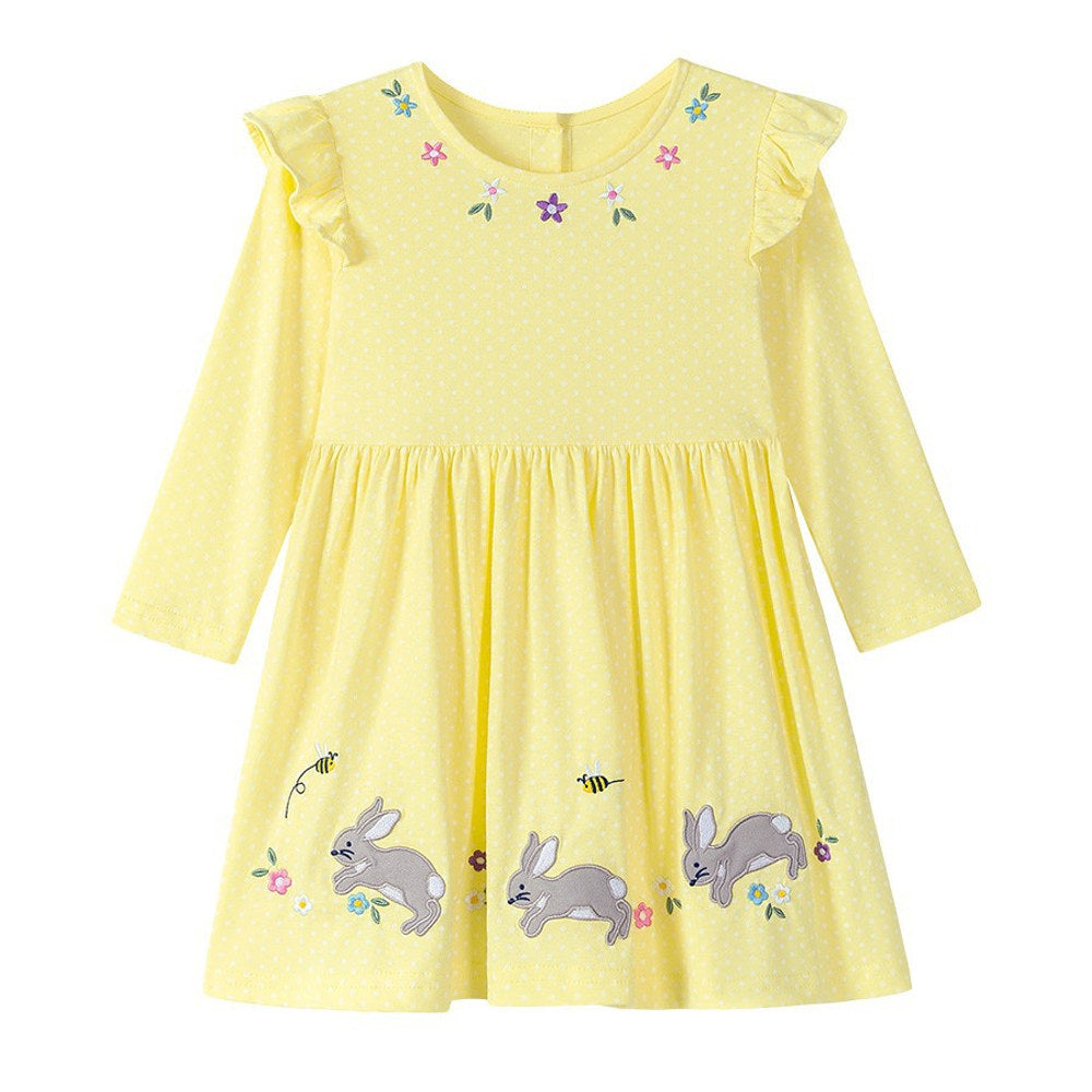 MyKids-USA® Autumn Arrival Cartoon Rabbits and Flowers Pattern Long Sleeves Crew Neck Dress for Stylish Girls