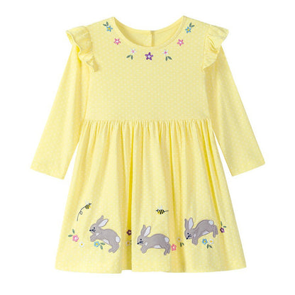 MyKids-USA® Autumn Arrival Cartoon Rabbits and Flowers Pattern Long Sleeves Crew Neck Dress for Stylish Girls