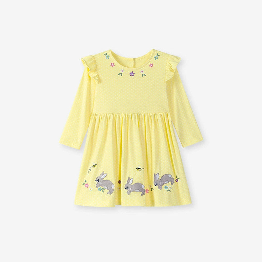 MyKids-USA® Autumn Arrival Cartoon Rabbits and Flowers Pattern Long Sleeves Crew Neck Dress for Stylish Girls