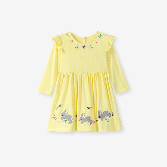 MyKids-USA® Autumn Arrival Cartoon Rabbits and Flowers Pattern Long Sleeves Crew Neck Dress for Stylish Girls