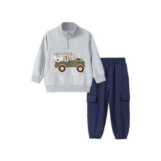 MyKids-USA® Boys Animals Cartoon Pattern Long Sleeves Zip-up Collar Top Sweatshirt and Plain Pants Clothing Set