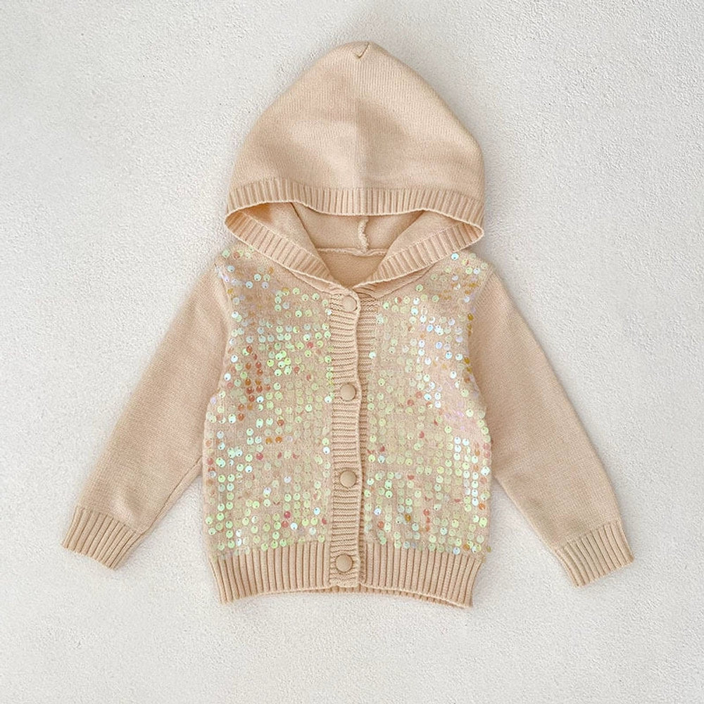 Autumn Arrival Baby Girls Comfortable Sequins Decorated Knitted Long Sleeves Cardigan with Hood