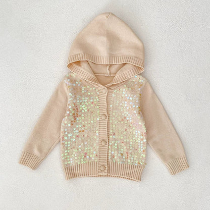 Autumn Arrival Baby Girls Comfortable Sequins Decorated Knitted Long Sleeves Cardigan with Hood