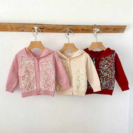 MyKids-USA® Baby Girls Comfortable Sequins Decorated Knitted Long Sleeves Cardigan with Hood